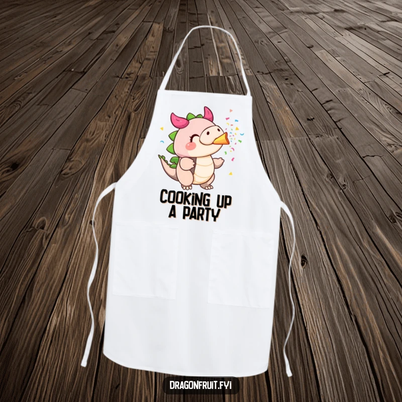 Funny dragonfruit apron, cheeks puffed, blowing colorful confetti from its stem, a cheerful and practical kitchen accessory.