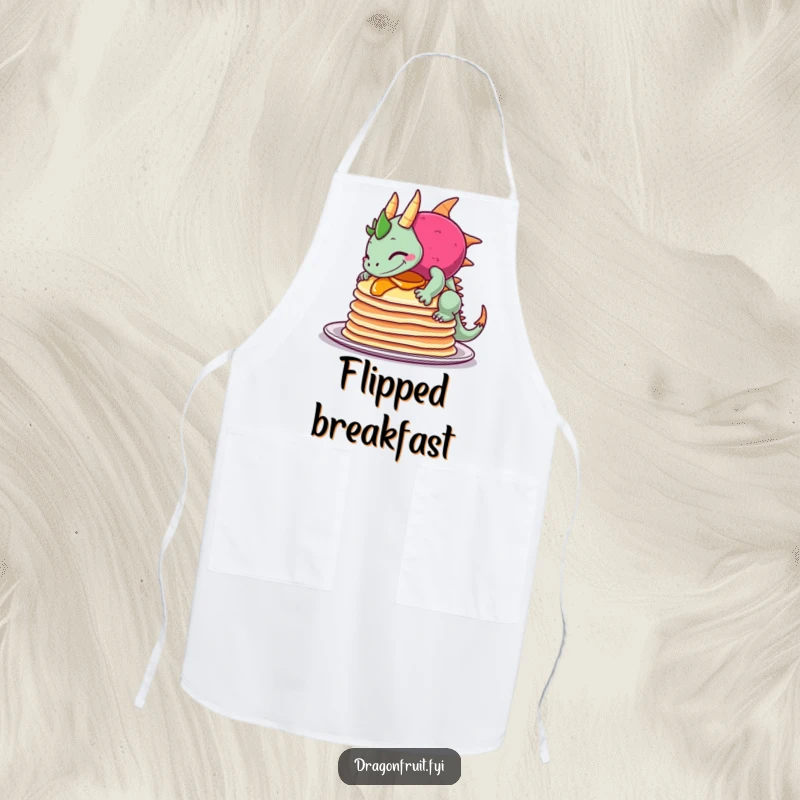 Funny apron featuring a dragonfruit comically tipping over pancakes with a sheepish expression, designed for kitchen fun and protection.