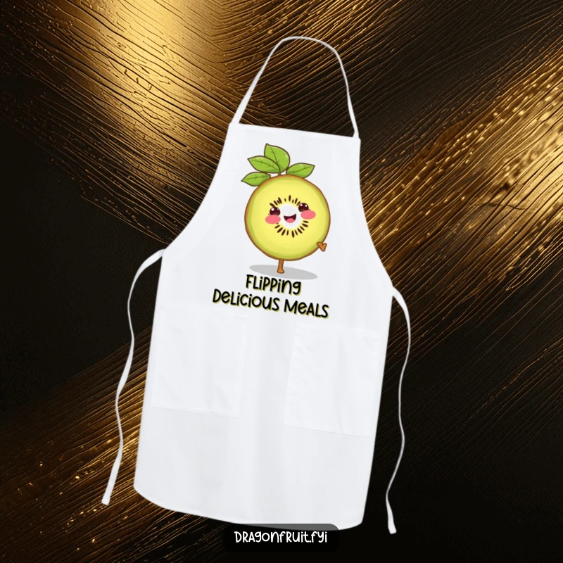 Funny apron showing a smiling kiwi slice doing a confident cartwheel, ideal for adding energetic charm to cooking.