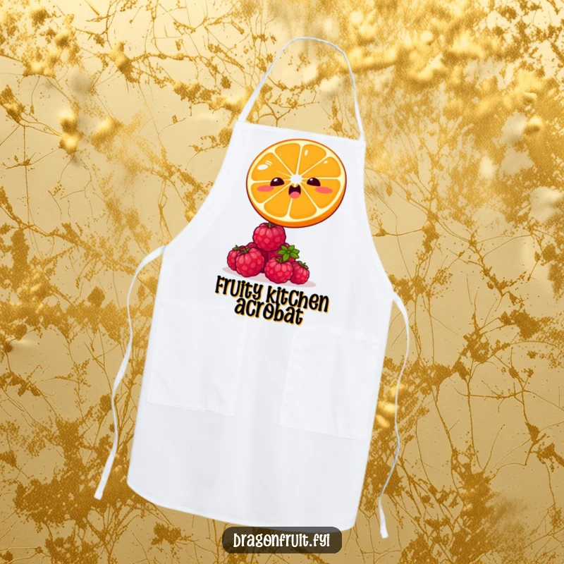 Funny apron showing a winking orange slice leaping over tiny, giggling raspberries. Practical and humorous fruit kitchen wear.