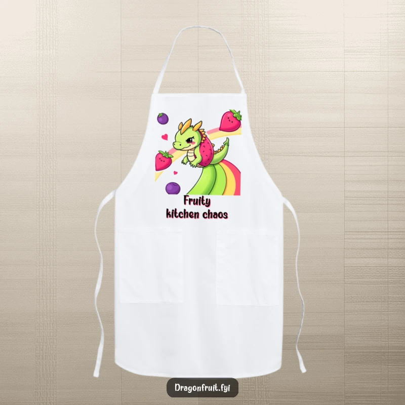Funny mischievous dragonfruit sliding down a rainbow made of fruits on a kitchen apron, adding zest to cooking.