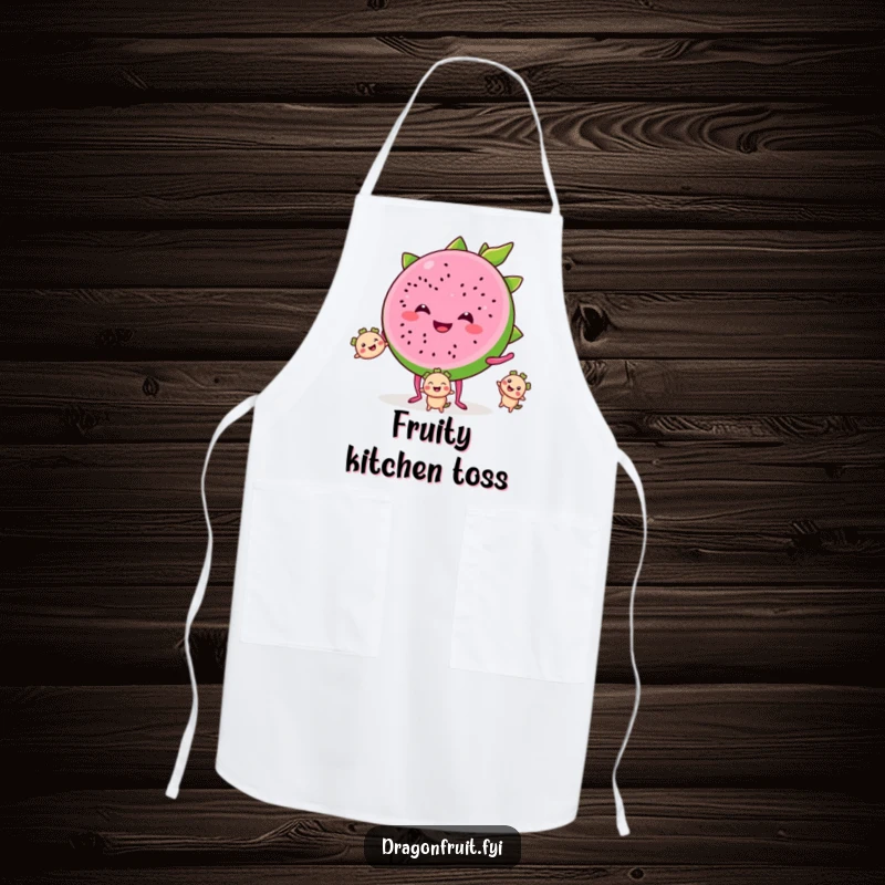 Funny apron with a smiling dragonfruit slice on tiny legs, juggling smaller segments, adding fruity humor to kitchen activities.