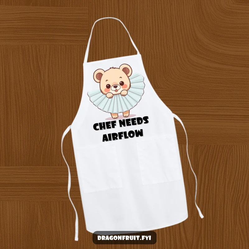 Funny Bear Cub Fan Apron featuring a cheerful cub peeking from behind a sparkly fan, ideal for cooking.