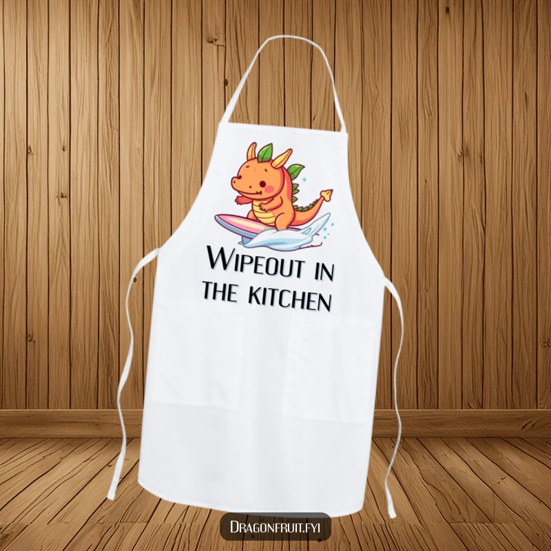 Funny determined dragonfruit character surfing a tiny wave on a surfboard, humorous and functional kitchen apron.
