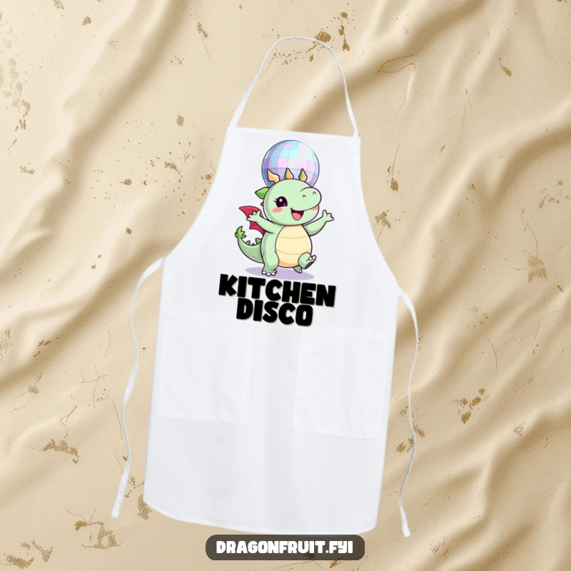 Funny apron showing a round dragonfruit character joyfully dancing under a sparkling disco ball, ready to cook with flair.