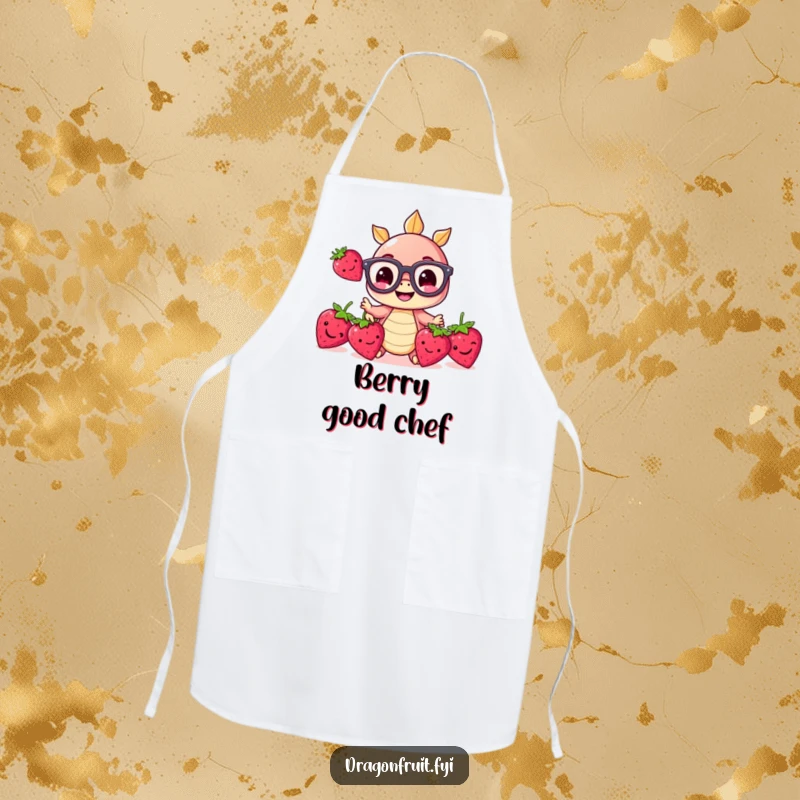 Funny apron with a small dragonfruit wearing glasses, juggling three smiling strawberries, ideal for a cheerful cooking experience.