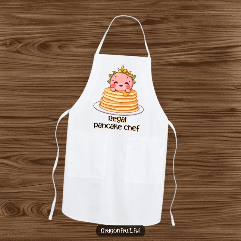 Funny Dragonfruit Apron: A delighted dragonfruit with a crown sits atop pancakes, perfect for adding humor to cooking sessions.