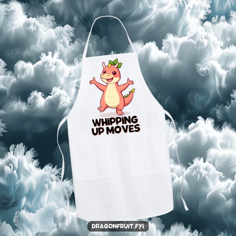 Funny Dragonfruit Apron featuring a character in a silly dance pose, designed for the kitchen with a humorous tropical flair.