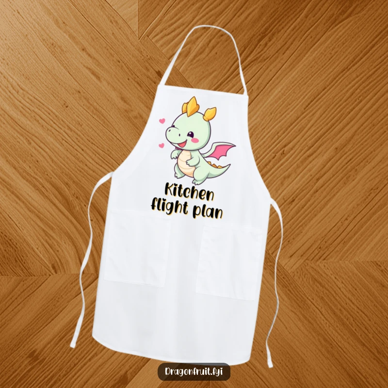 Funny apron showing a delighted dragonfruit character with tiny wings attempting to fly, perfect for kitchen protection and tropical humor.