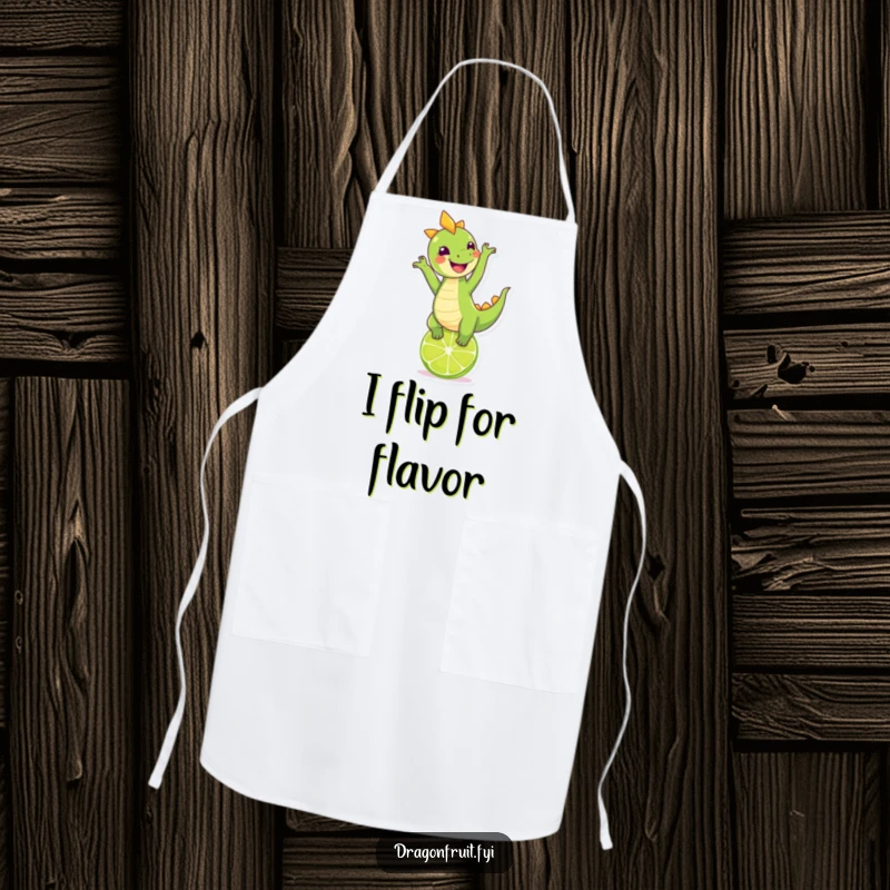 Funny dragonfruit character doing a handstand on a lime, worn by a chef on a humorous kitchen apron.