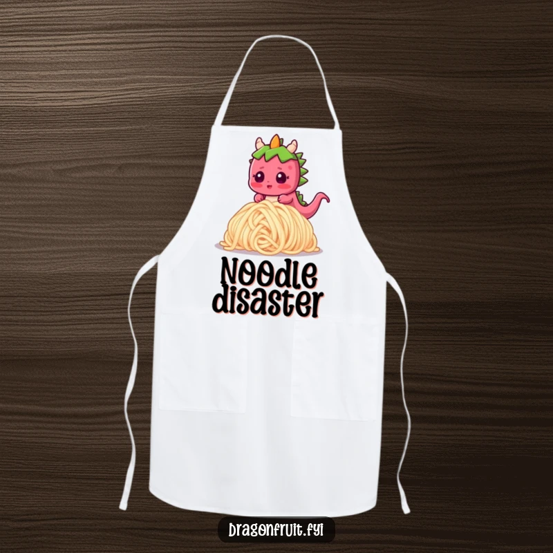 Funny apron featuring a blushing dragonfruit character tripping over a huge noodle, looking surprised while cooking.