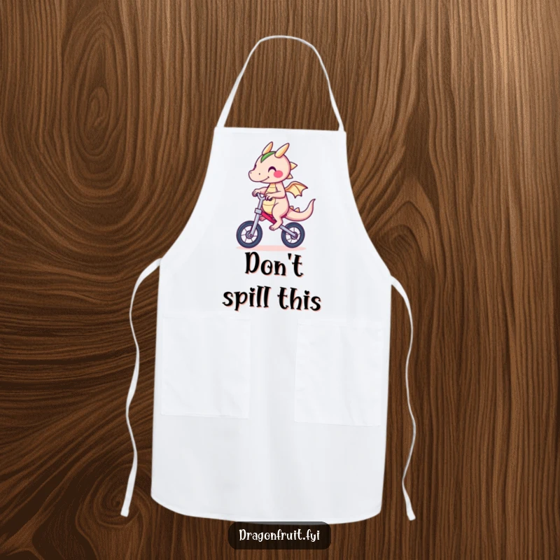 Funny Dragonfruit Apron showing a character attempting to ride a unicycle while cooking, bringing humor to kitchen tasks.