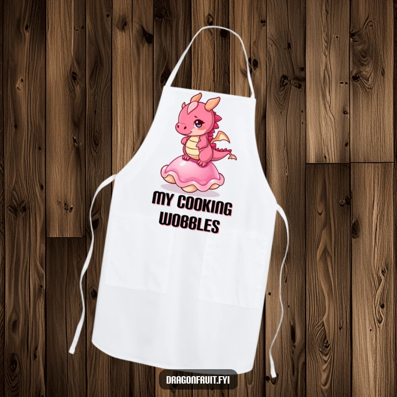Funny apron: a dragonfruit character comically attempting to balance on a jelly, illustrating a funny kitchen mishap.