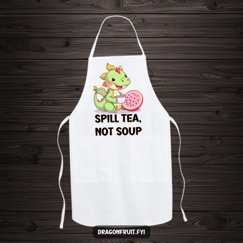 Funny happy dragonfruit character having a tea party with a tiny teacup, humorous and charming kitchen apron.