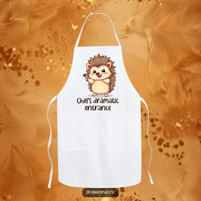 Funny Hedgehog Spotlight Apron with a happy hedgehog striking a dramatic pose under a tiny spotlight, for cooking.