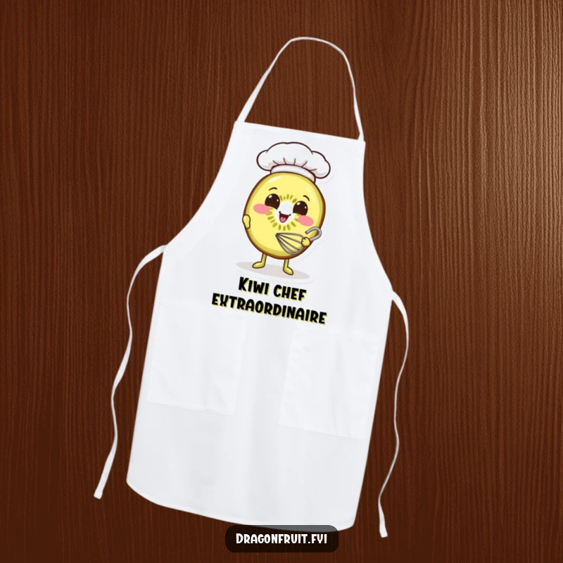 Funny apron depicts a smiling kiwi slice wearing a tiny chef hat, actively whisking batter, a symbol of sweet baking.