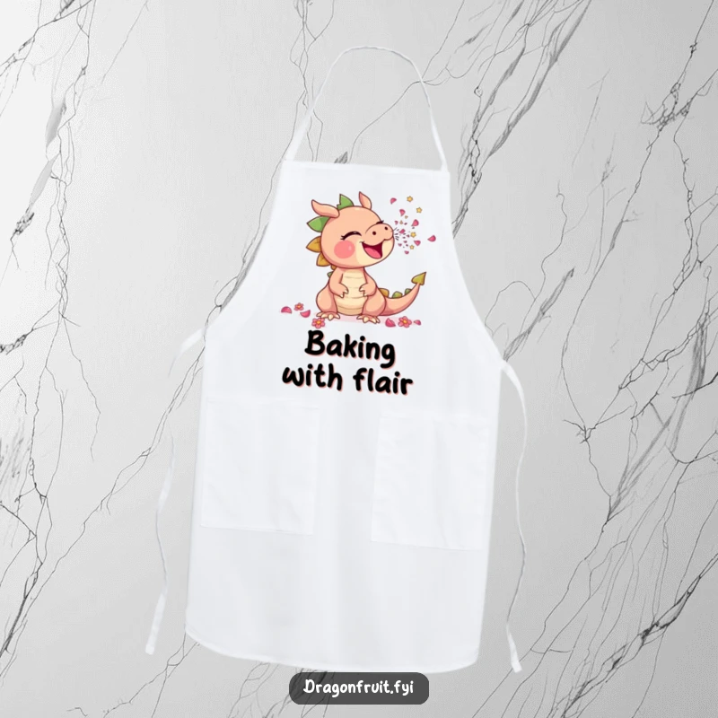 Funny apron featuring a dragonfruit comically sneezing a shower of tiny flower petals, designed for floral kitchen fun.