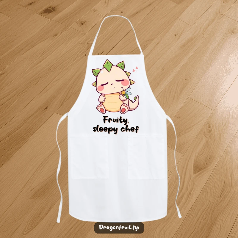 Funny sleepy dragonfruit apron showing a cute snoring fruit character, designed for kitchen use and a touch of culinary humor.