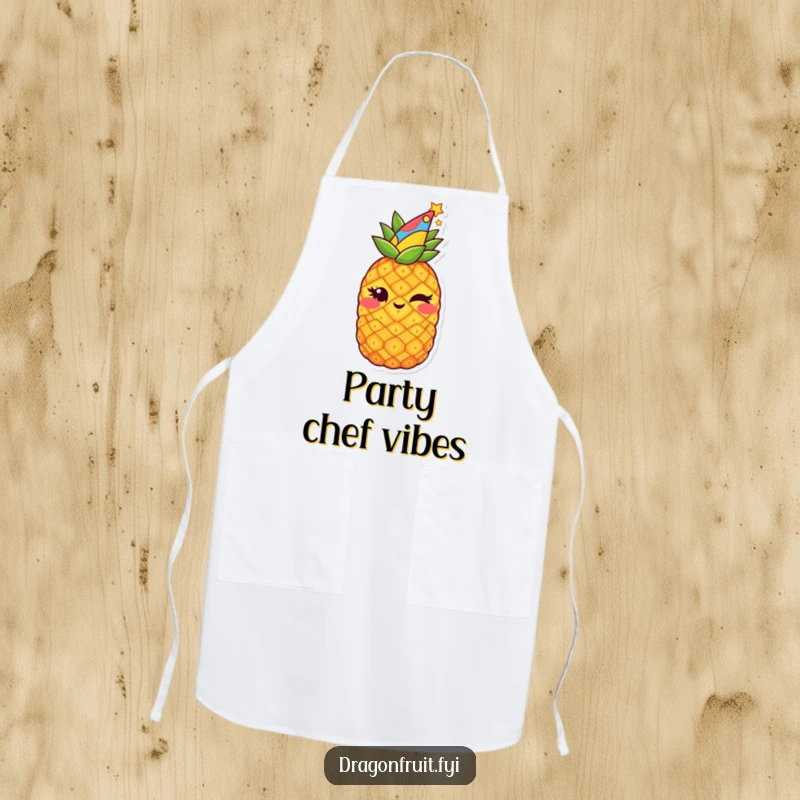 Funny apron showing a starry pineapple wearing a party hat and winking mischievously, ideal for festive kitchen fun.