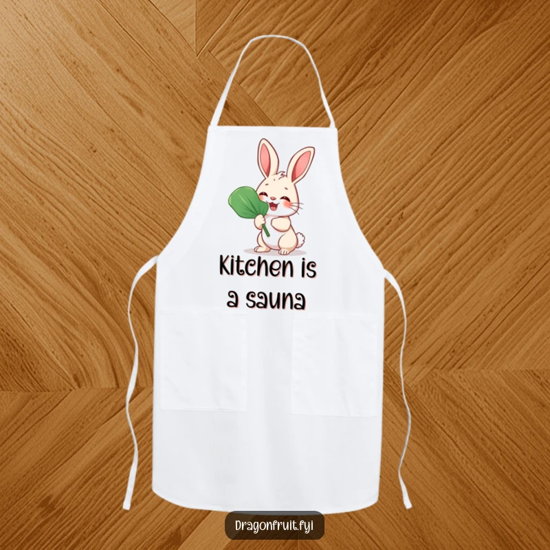 Funny Bunny Rabbit Fan Apron featuring a giggling rabbit fanning itself with a large leaf, ideal for cooking.