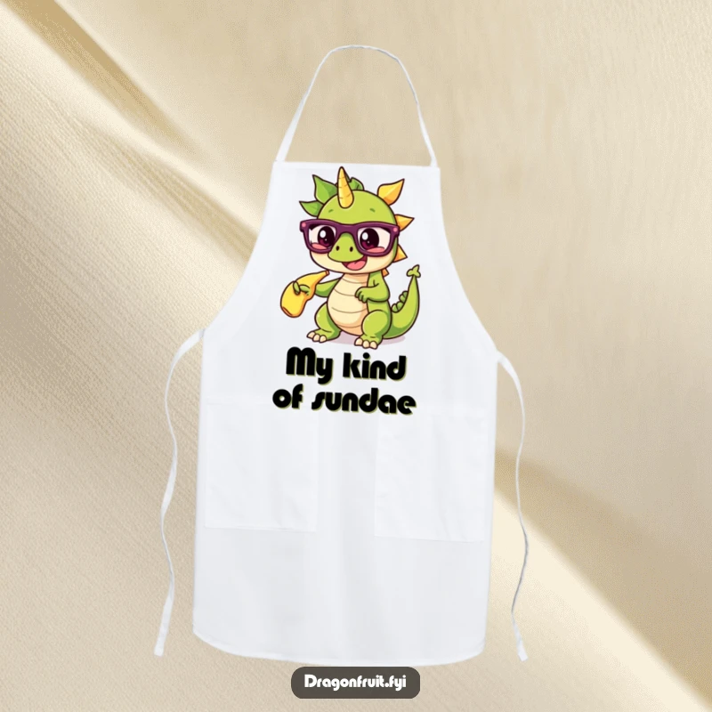 Funny apron featuring a dragonfruit wearing glasses, dramatically pointing at a banana split, for humorous kitchen activities.