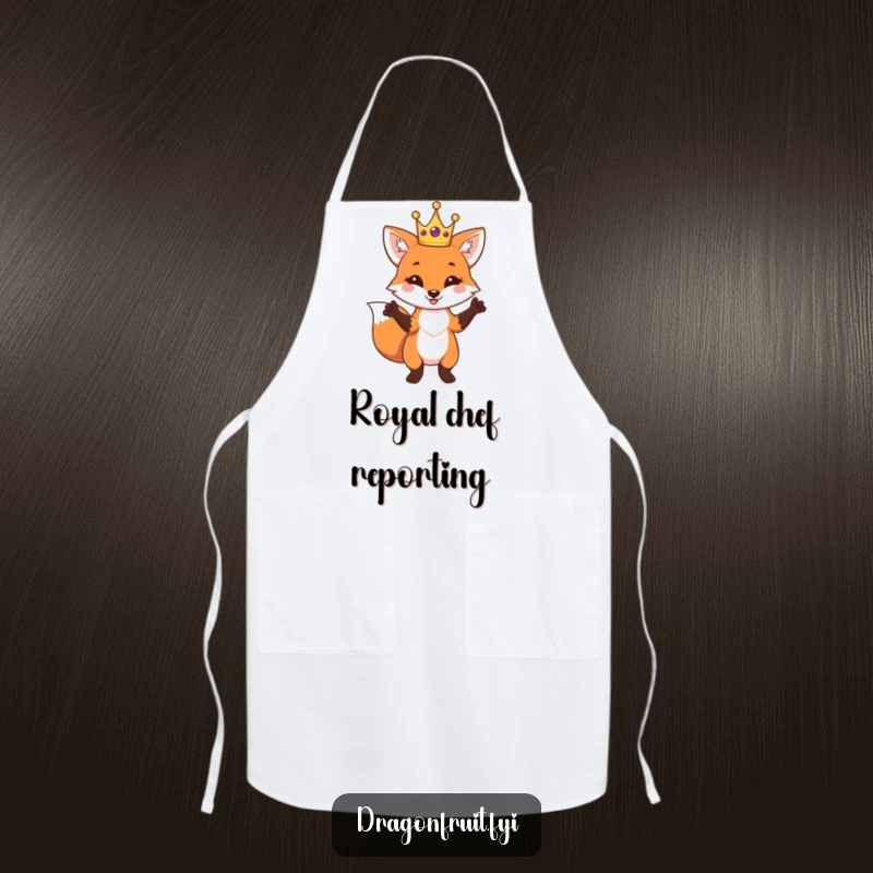 Funny Fox King Apron featuring a playful fox in a crown striking a dramatic pose, ideal for cooking.