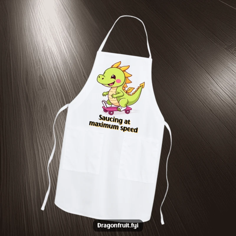 Funny apron showcasing a happy dragonfruit character on roller skates, smiling and designed for kitchen fun and protection.