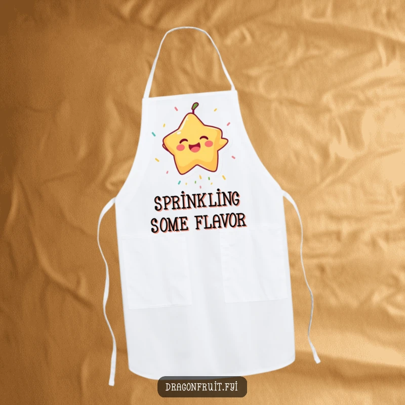 Funny Starfruit Apron: A laughing starfruit fruit trying to catch sprinkles, a humorous and cheerful accessory for bakers.