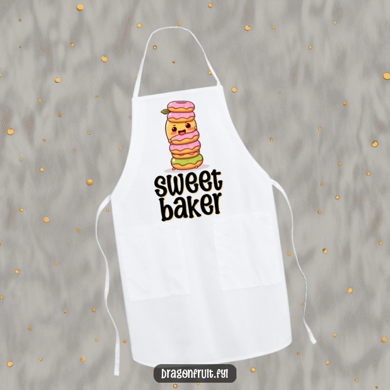 Funny Apron: A mango character hilariously balancing donuts, ideal for keeping clothes clean and bringing a sweet, humorous vibe to the kitchen.