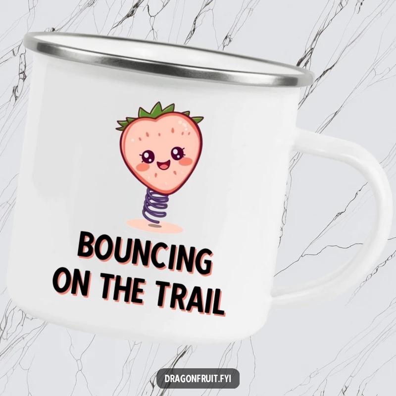Funny camping mug featuring a cheerful strawberry slice character bouncing on a spring, ideal for enjoying drinks outdoors.