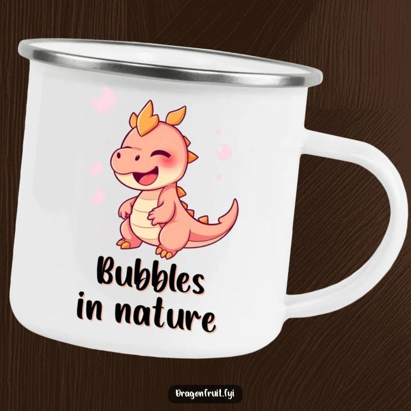 Funny Dragonfruit Camping Mug depicting a character giggling joyfully surrounded by bubbles, designed for outdoor fun and laughter.