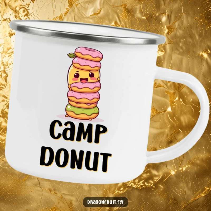 Funny Camping Mug: A mango character precariously balancing donuts, providing sweet amusement and conversation starters for outdoor excursions.
