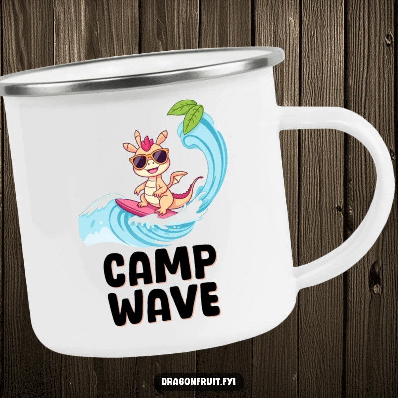 Funny Camping Mug: A dragonfruit character in sunglasses surfs a wave, providing cool amusement and conversation starters for outdoor excursions.