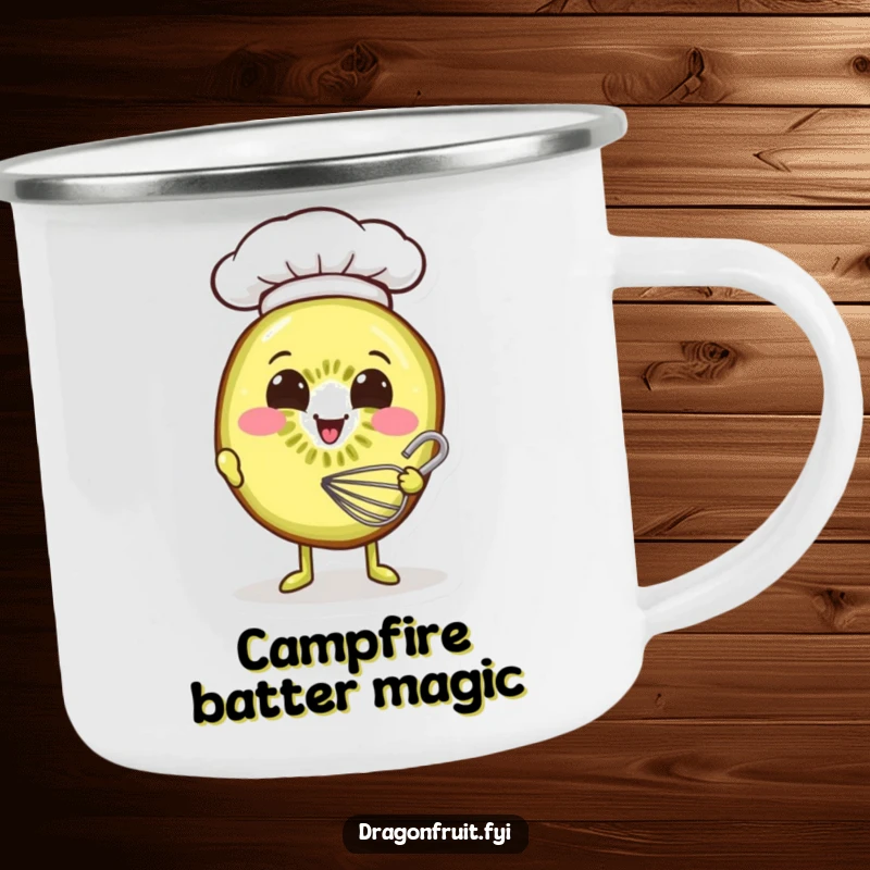 Funny camping mug shows a smiling kiwi slice wearing a chef hat, whisking batter, adding a sweet touch to camp life.