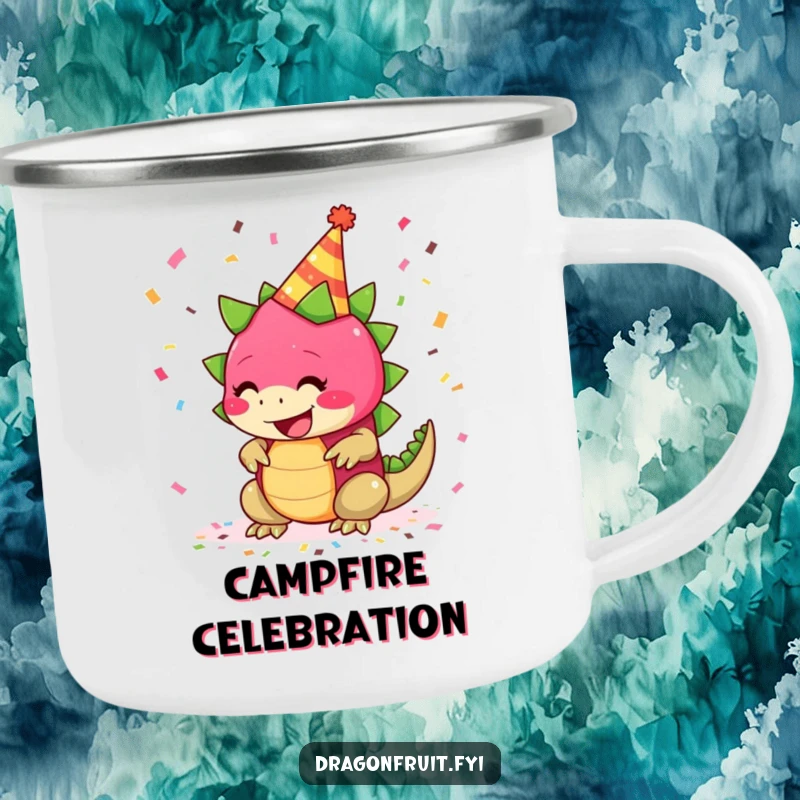 Funny camping mug with a giggling dragonfruit in a party hat, surrounded by confetti, for outdoor celebrations.