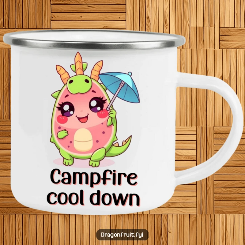Funny camping mug featuring a giggling dragonfruit wedge, large eyes, dramatically fanning with a cocktail umbrella, perfect for tropical outdoor drama.
