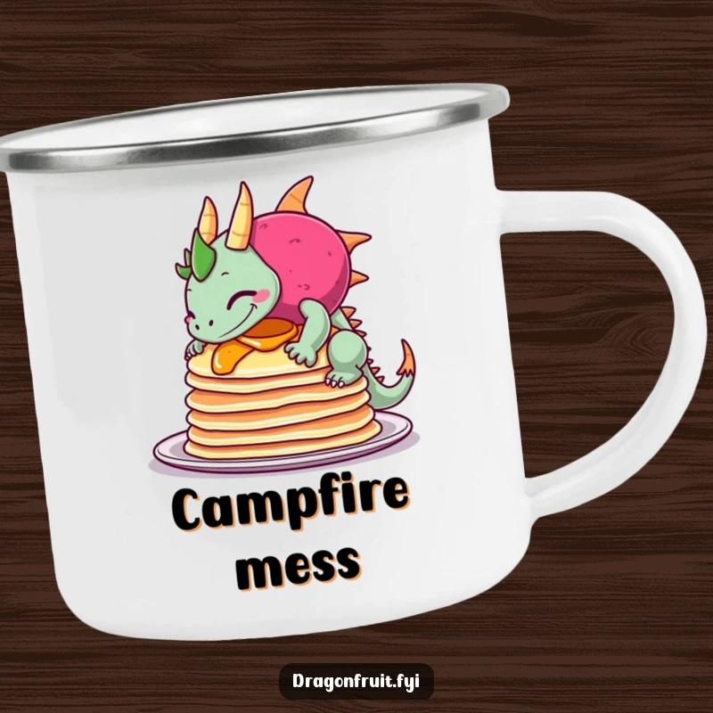 Funny camping mug featuring a dragonfruit comically tipping over pancakes with a sheepish grin, perfect for outdoor breakfast and humor.