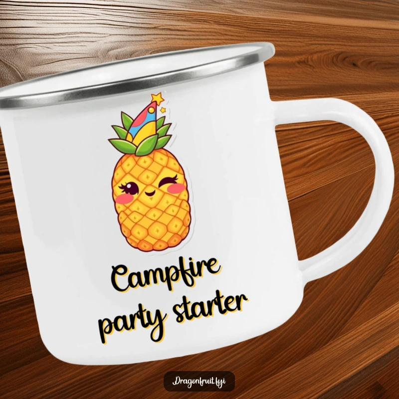 Funny camping mug featuring a starry pineapple wearing a party hat and winking mischievously, ideal for outdoor festivities.