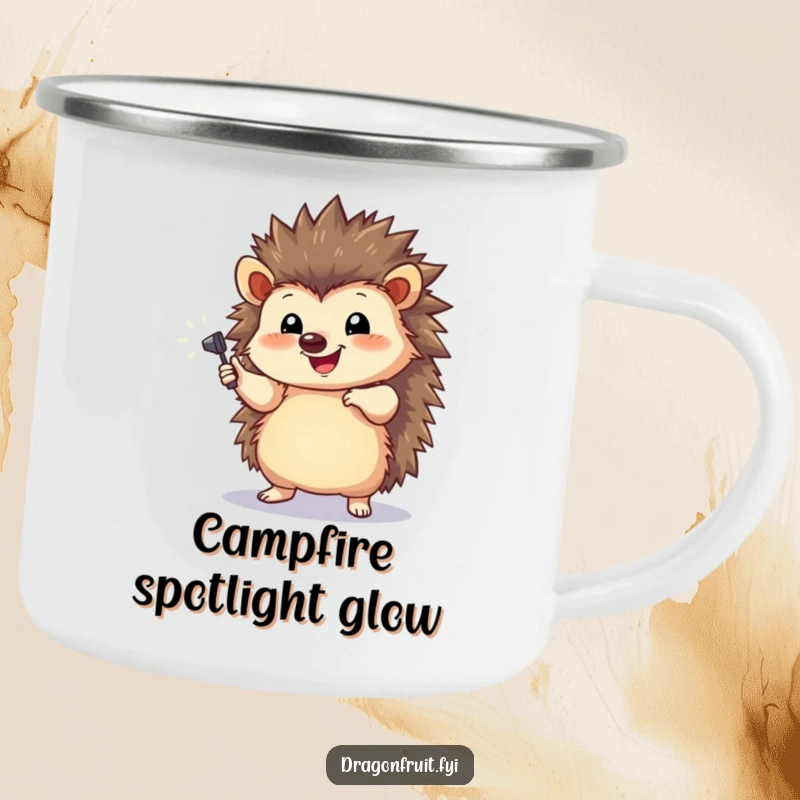 Funny Hedgehog Spotlight Camping Mug featuring a happy hedgehog striking a dramatic pose under a tiny spotlight, for beverages.