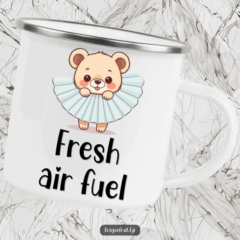 Funny Bear Cub Fan Camping Mug featuring a cheerful cub peeking from behind a sparkly fan, for hot beverages.