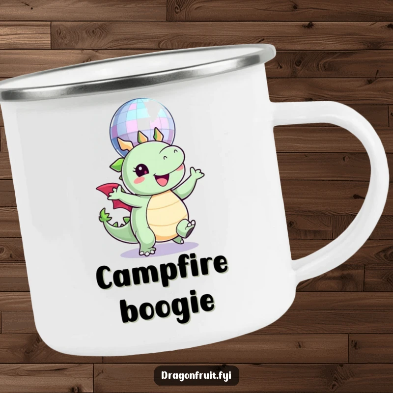 Funny camping mug showing a round dragonfruit character joyfully dancing under a sparkling disco ball during an outdoor escapade.