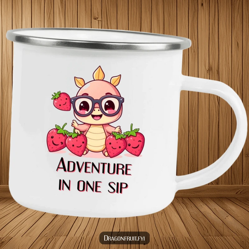 Funny enamel camping mug depicting a small dragonfruit with big glasses, juggling three happy strawberries during an outdoor adventure.
