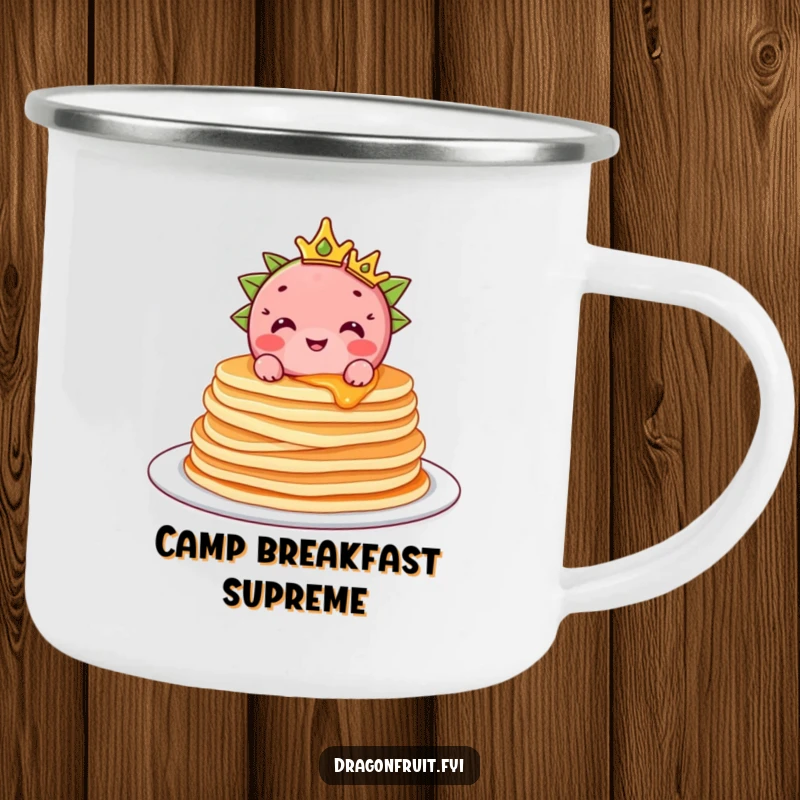 Funny Dragonfruit Camping Mug: A crowned dragonfruit sits atop pancakes, perfect for enjoying breakfast outdoors with a smile.