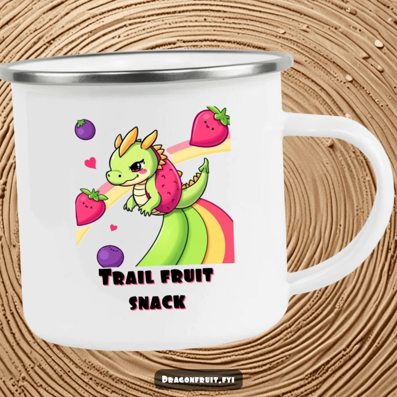 Funny mischievous dragonfruit sliding down a fruit rainbow in an enamel camping mug, ready for outdoor escapades.
