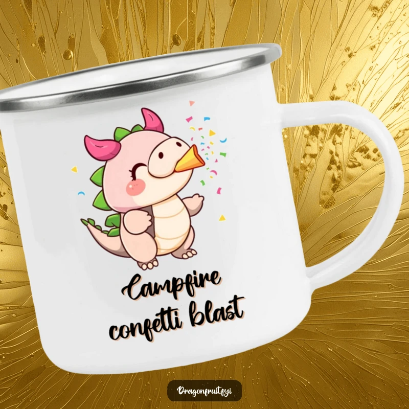 Funny dragonfruit camping mug, cheeks puffed, blowing colorful confetti from its stem, perfect for outdoor celebrations.