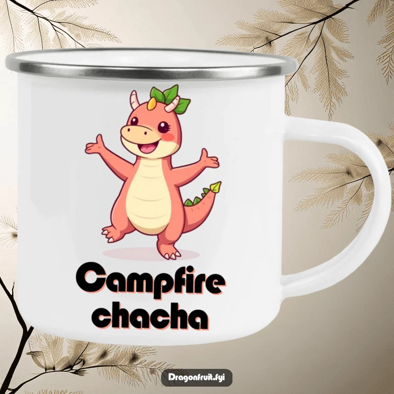 Funny Dragonfruit Camping Mug featuring a character dancing joyfully, designed for rugged adventures with a touch of tropical humor.