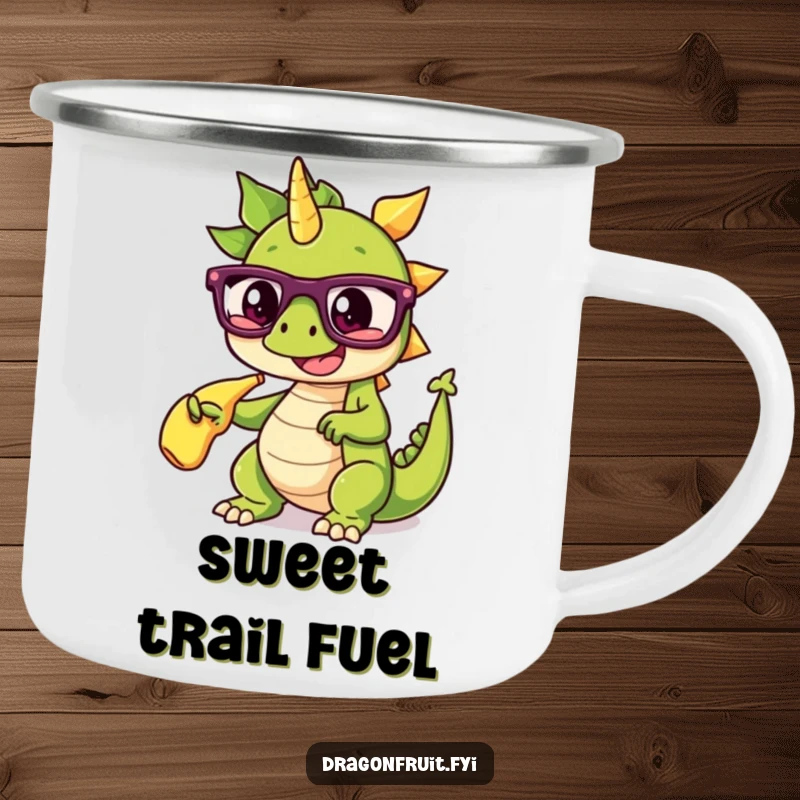 Funny camping mug with a dragonfruit wearing glasses, dramatically pointing at a banana split, for outdoor humor.