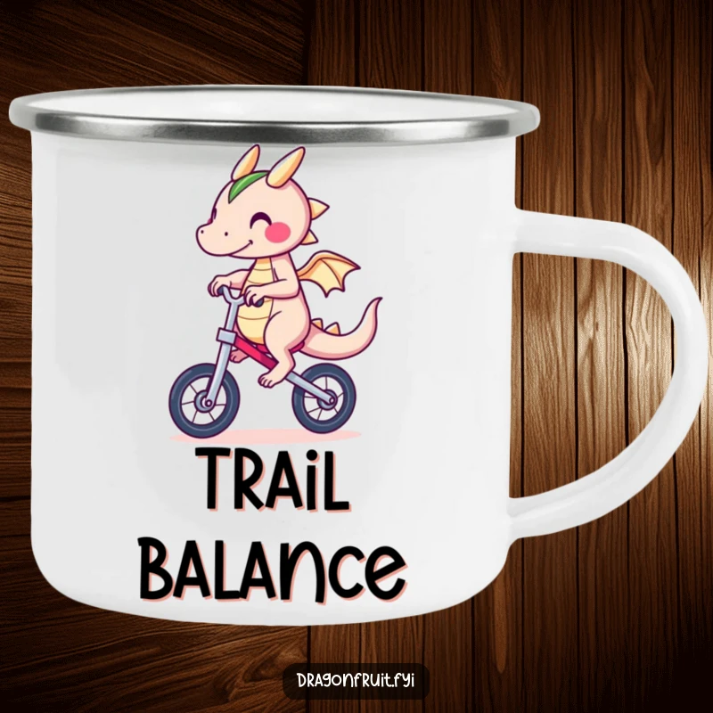 Funny Dragonfruit Camping Mug depicting a character's comical attempt at unicycling, designed for outdoor fun and humor.