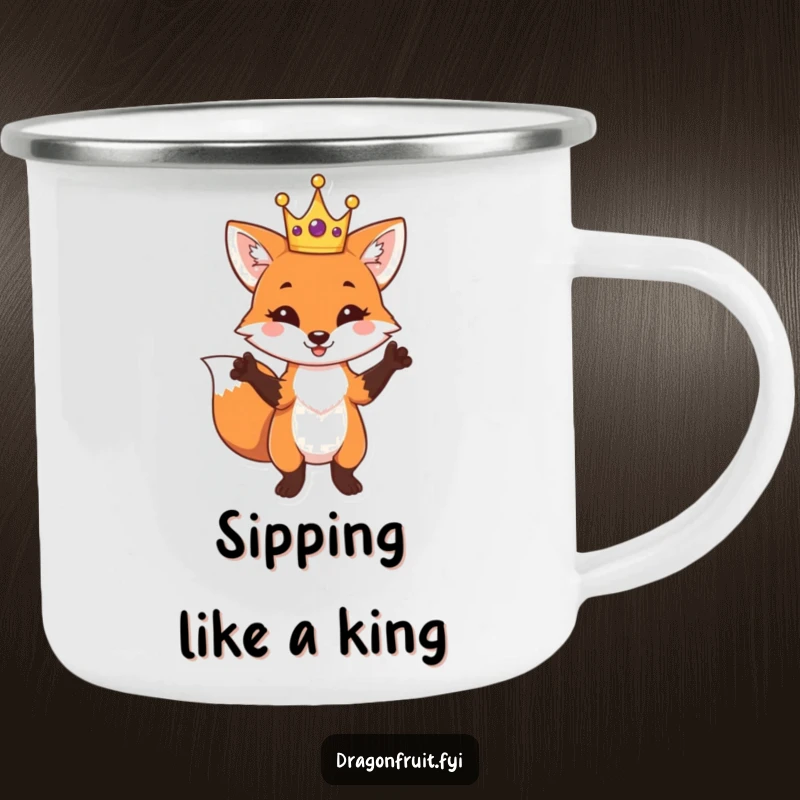 Funny Fox King Camping Mug featuring a playful fox in a crown striking a dramatic pose, for hot beverages.
