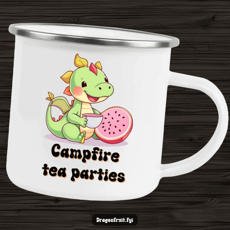 Funny happy dragonfruit character having a tea party with a tiny teacup, a durable and humorous camping mug.